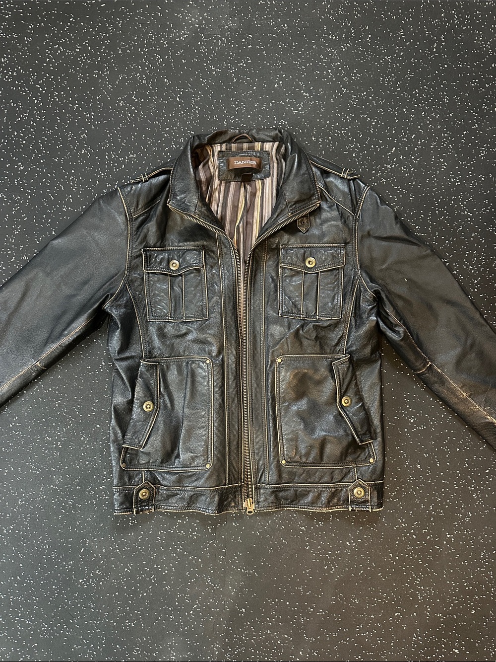Danier Black Genuine Leather Bomber Jacket with Utility Pockets